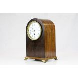 Edwardian Mahogany Domed Cased Mantle Clock, white enamel face with Roman Numerals, raised on