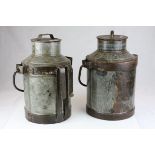 Pair of Galvanised and Iron Lidded Milk Churns with Swing Handles, 40cms high