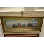 An extensive oil painting view of a Victorian beach scene with figures and parasols, 16 x 44.5cm