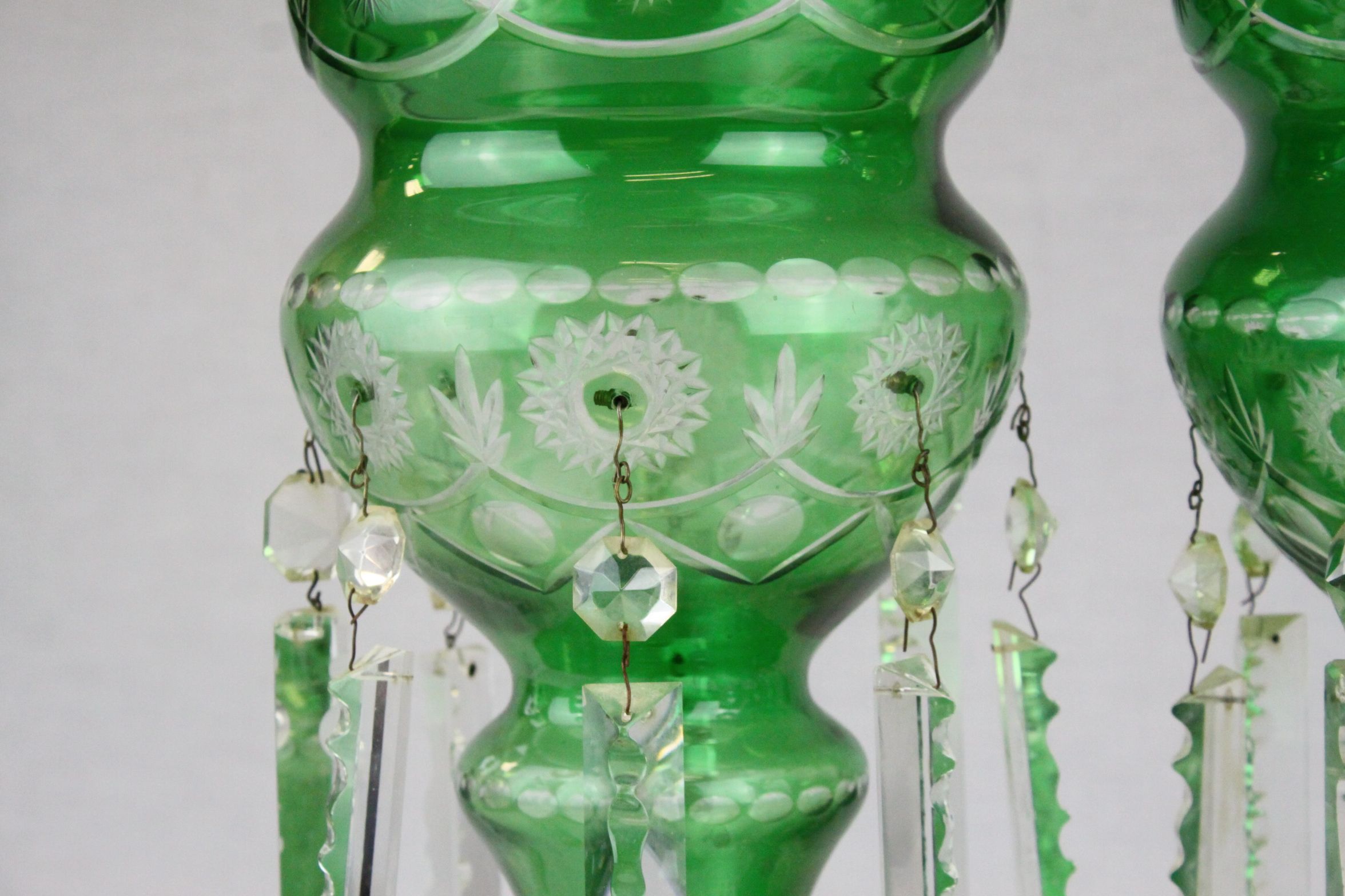 Pair of Victorian Cut Green Glass Table Lustres each with Eight Clear Glass Lustre Drops, 37cms - Image 5 of 10