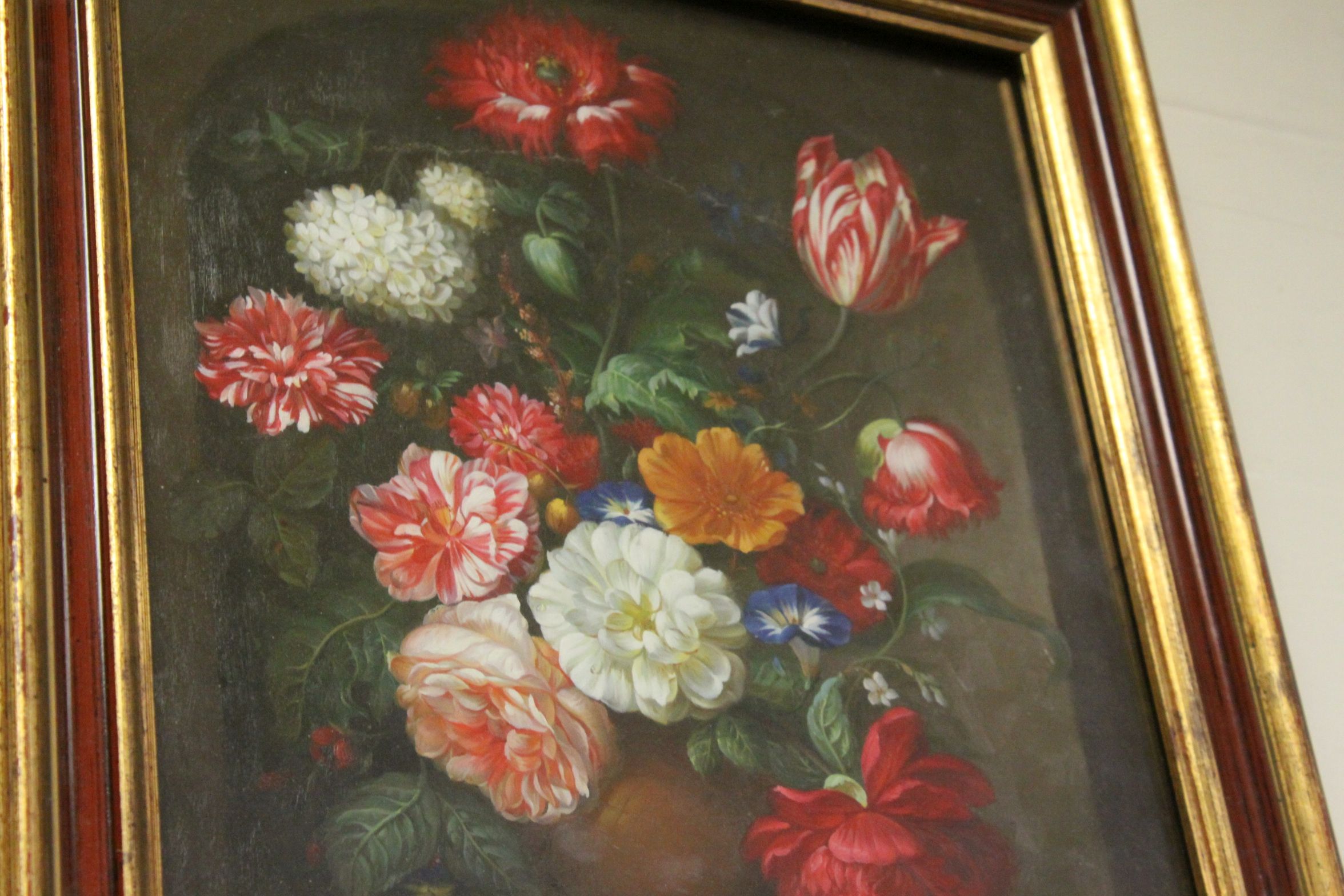 Oil on panel, Classical study of flowering blooms in an urn, 39.5 x 29cm - Image 2 of 2