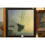 20th century, oil on board, coastal scene with sailboats at anchor, signed front and verso, 49 x