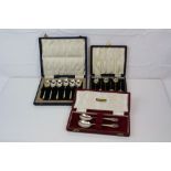 Three cased sets of fully hallmarked sterling silver tea spoons and coffee spoons to include