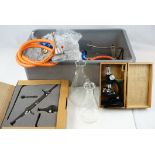 Collection of Chemistry Lab Equipment including Glass Beakers, Microscope, Flasks, etc