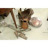 A group of metalware to include fire irons coal bucket ,copper jug and log splitting wedges etc.