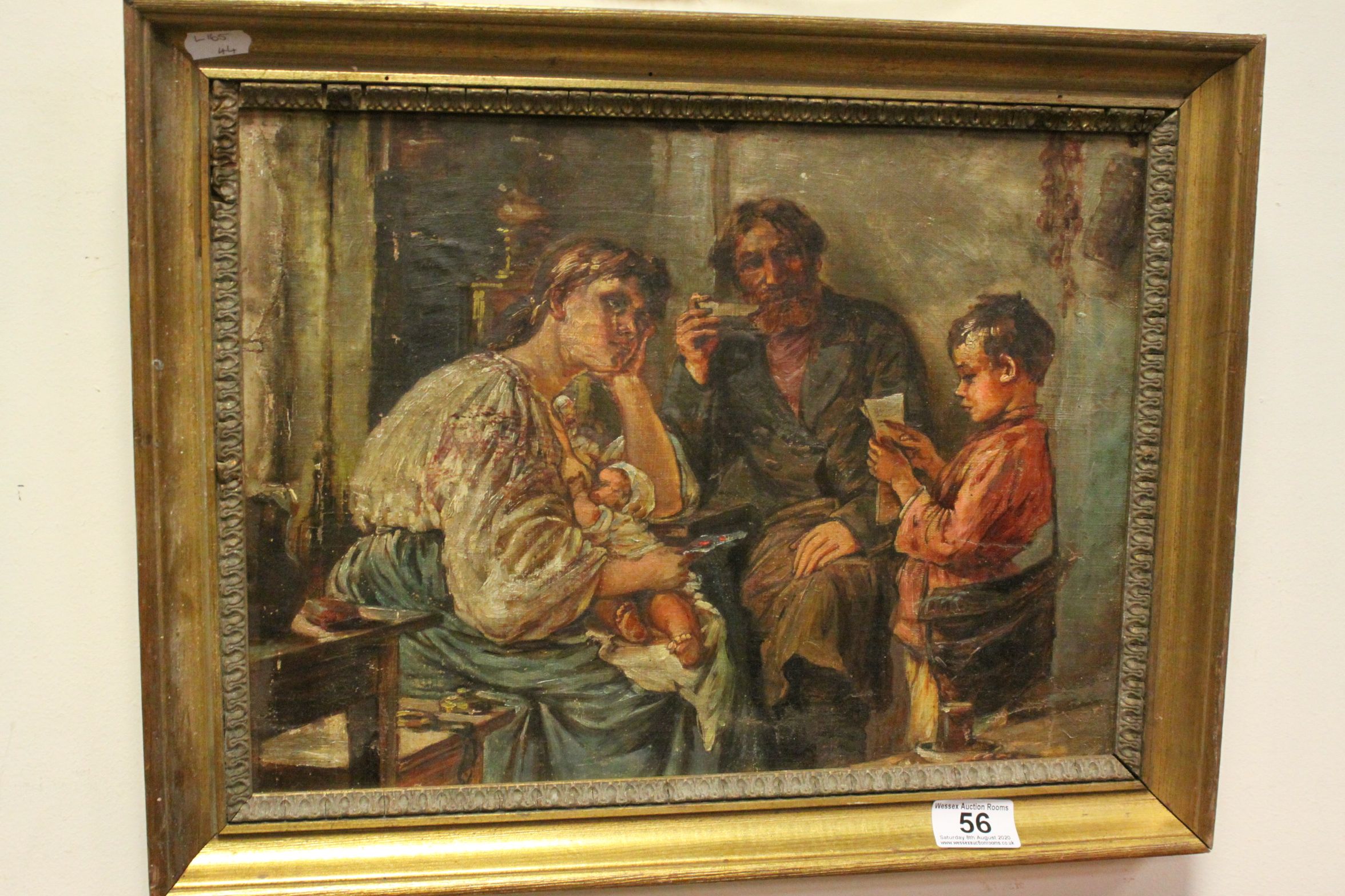 A 19th century oil on canvas, on panel, portrait of a family group in an interior, gilt framed, 28 x