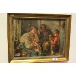 A 19th century oil on canvas, on panel, portrait of a family group in an interior, gilt framed, 28 x