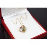 9ct Gold and Multi-Gem Set Open Heart Shaped Pendant, 15mm x 15mm on a fine link chain