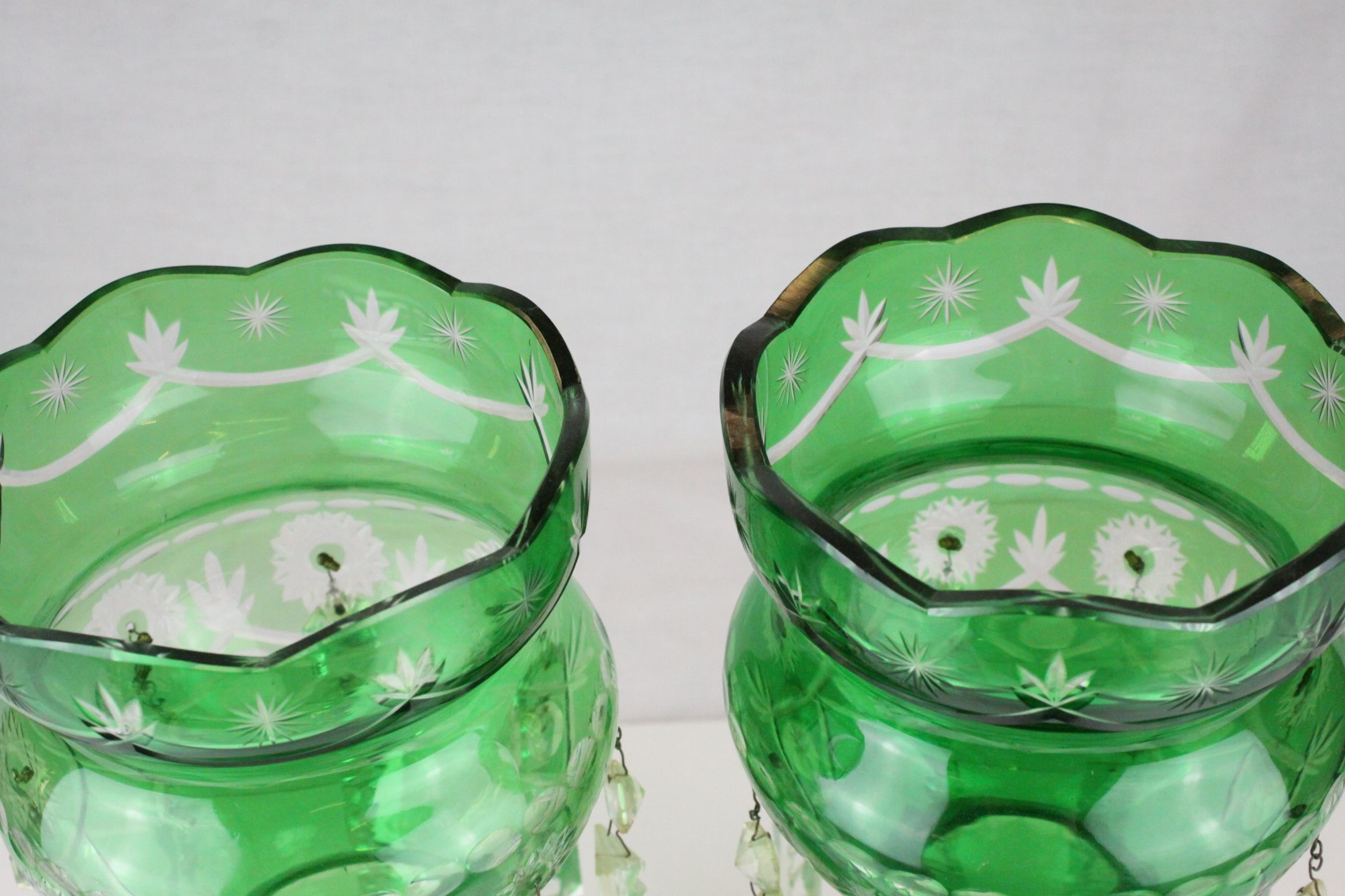 Pair of Victorian Cut Green Glass Table Lustres each with Eight Clear Glass Lustre Drops, 37cms - Image 7 of 10