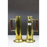 Pair of World War I Trench Art Brass Shells formed into Tankards with Arts & Crafts Oak Handles,