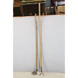 Two Vintage Garden Tools with Long Turned Wooden Handles - Hoe and a Weeder, largest 158cms high
