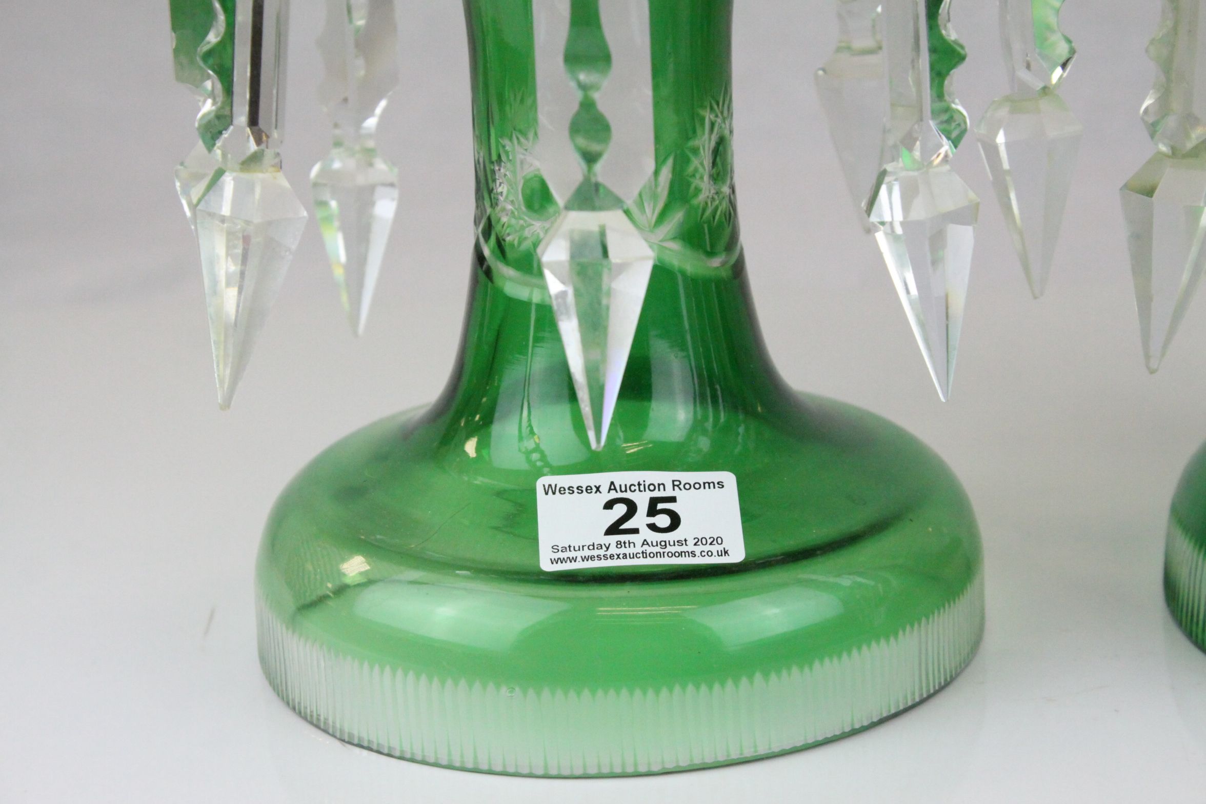 Pair of Victorian Cut Green Glass Table Lustres each with Eight Clear Glass Lustre Drops, 37cms - Image 3 of 10