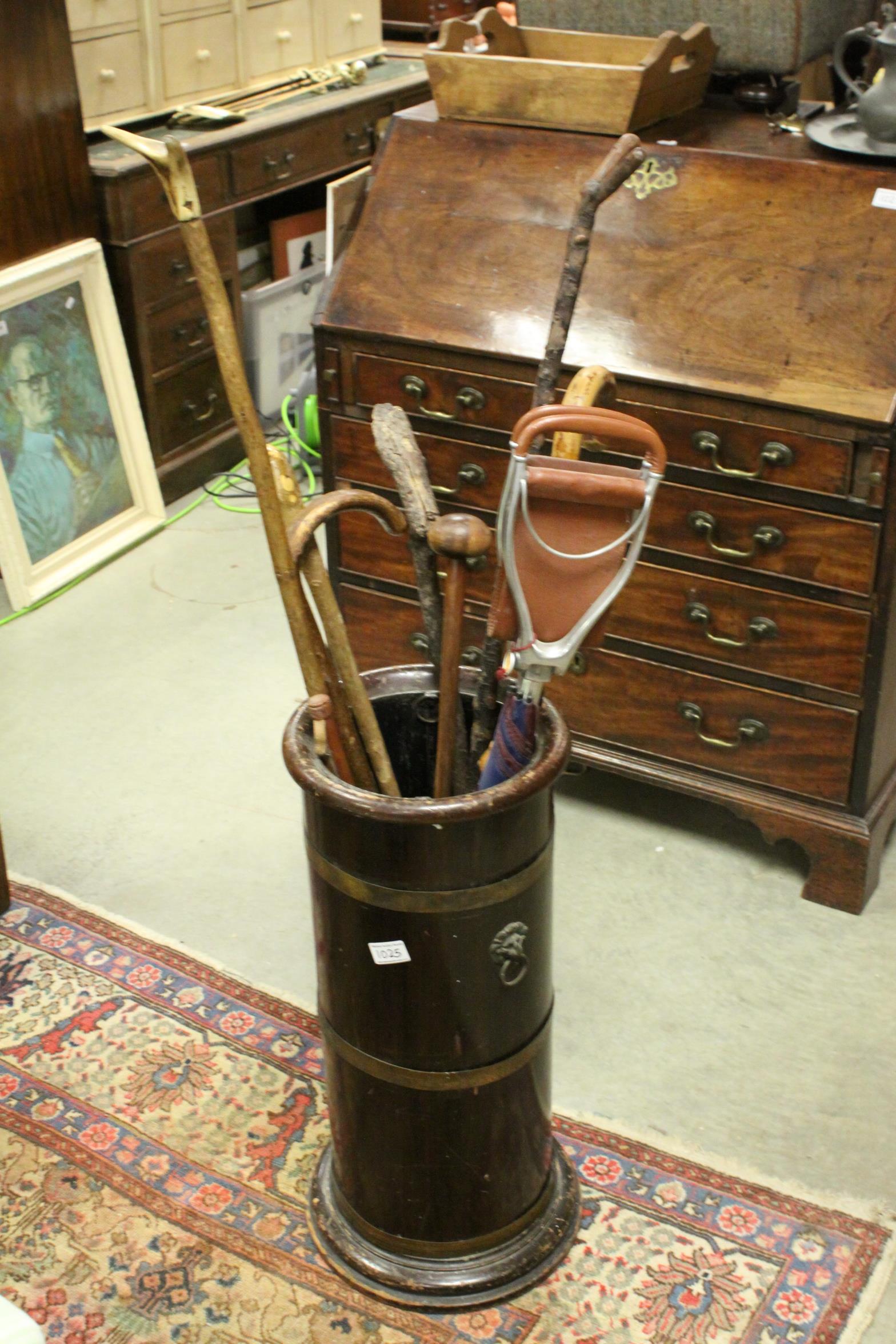 Brass Bound Wooden Stick Barrel, 56cms high together with a Quantity of Sticks including Knobkerrie