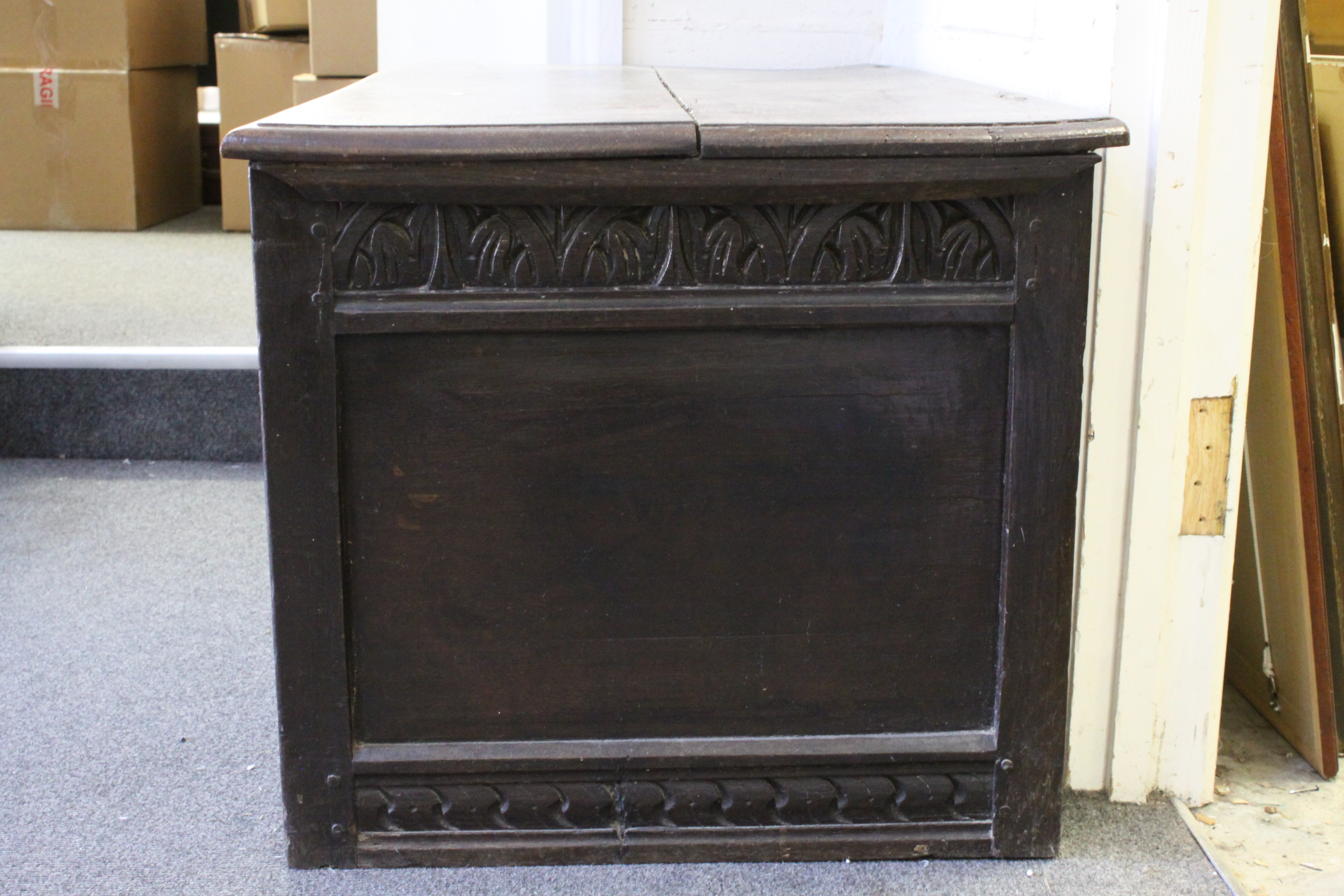 Antique Oak Coffer with Carved Panel to front, 120cms long x 50cms high - Image 5 of 5