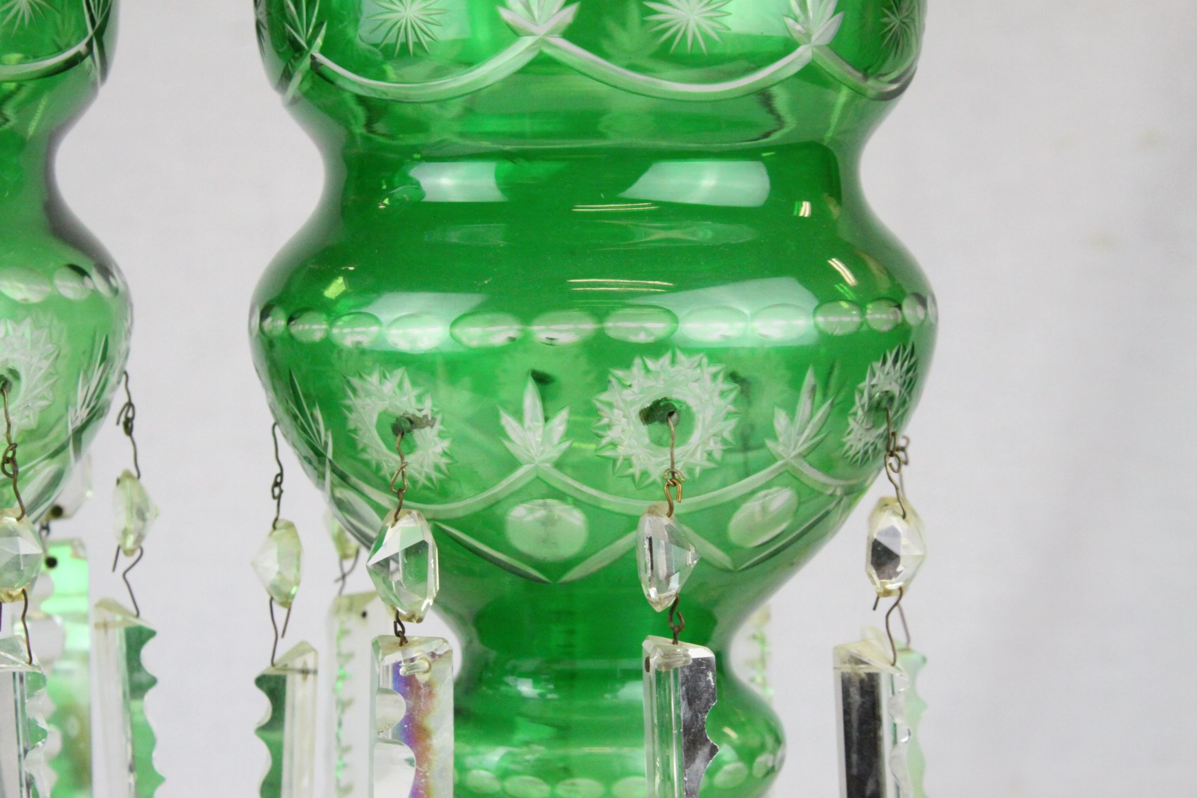 Pair of Victorian Cut Green Glass Table Lustres each with Eight Clear Glass Lustre Drops, 37cms - Image 6 of 10