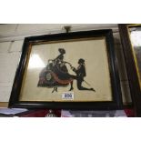 An ebonised, framed silhouette portrait of a romantic Regency couple, 23.5 x 30cm