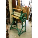 Early 20th century Metamorphic Mangle with Pine Rectangular Top and a Green Painted Cast Iron Frame,