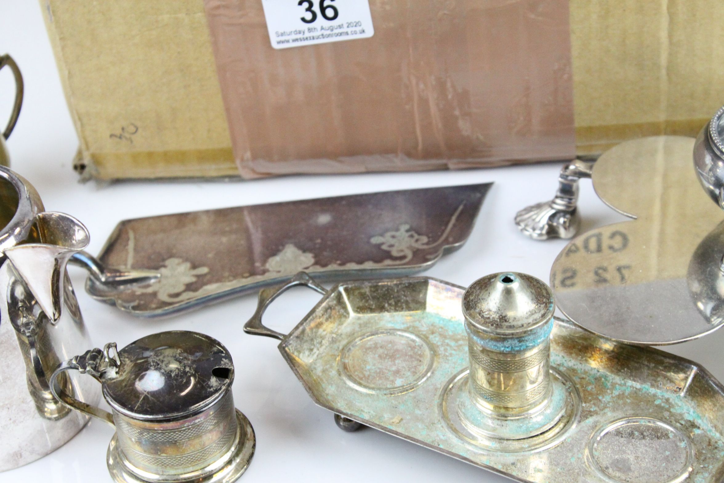 Box of silver plate to include; teapots, cruet set, goblets etc - Image 3 of 5