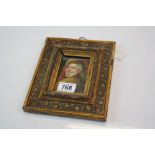 Oil on brass, miniature of a jovial man in medieval clothing, 9.5 x 6.5cm