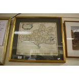 Antique Robert Morden Hand Coloured Map Engraving of Dorset shire, 38cms x 43cms, framed and glazed