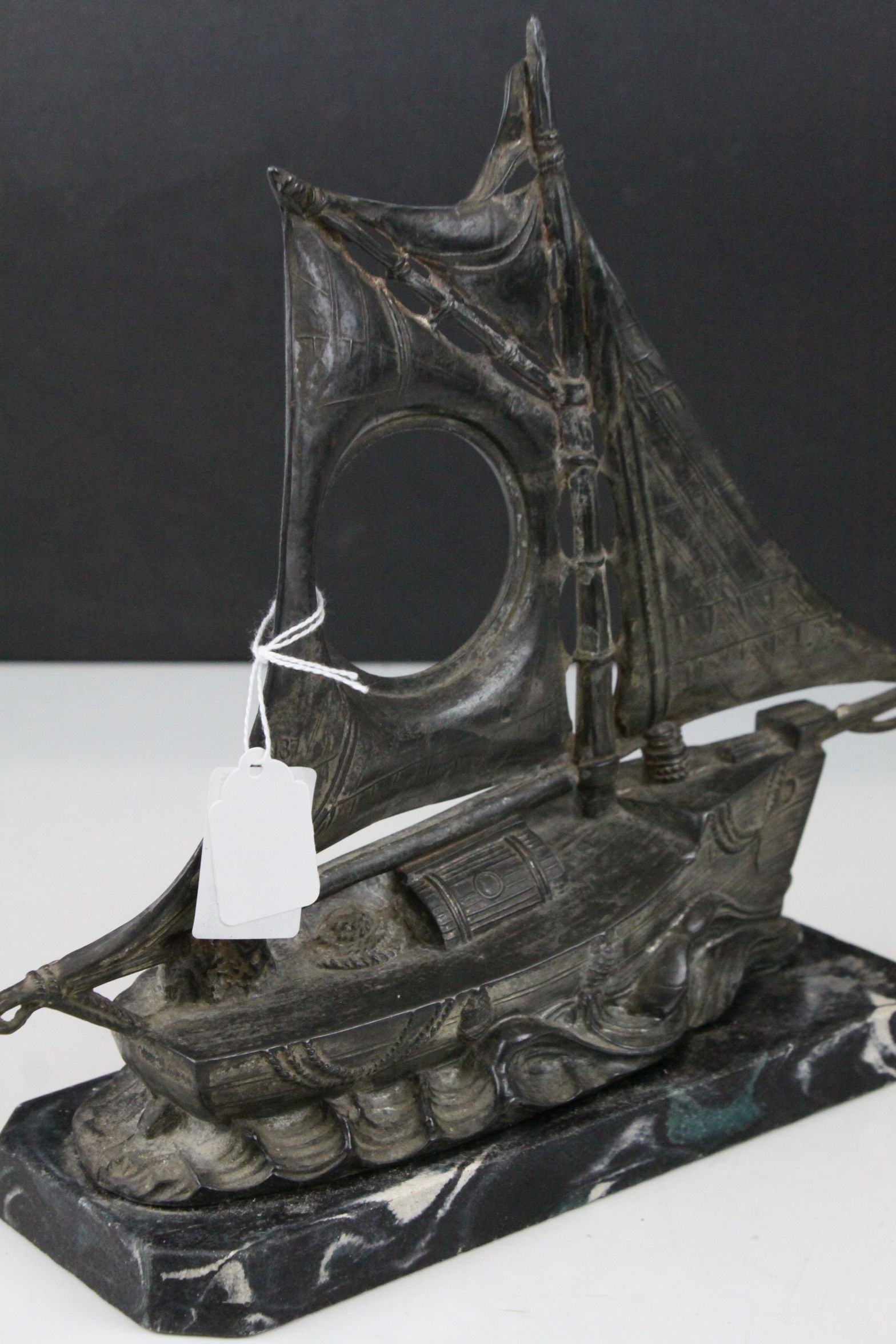 Art Deco Spelter Watch Holder in the form of a Sailing Boat on a Faux Marble Plinth, 26cms high - Image 4 of 5