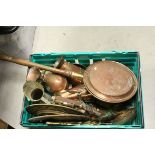 Box of copper and brass collectables to include; Oriental copper bed pan, graduated set of pans etc