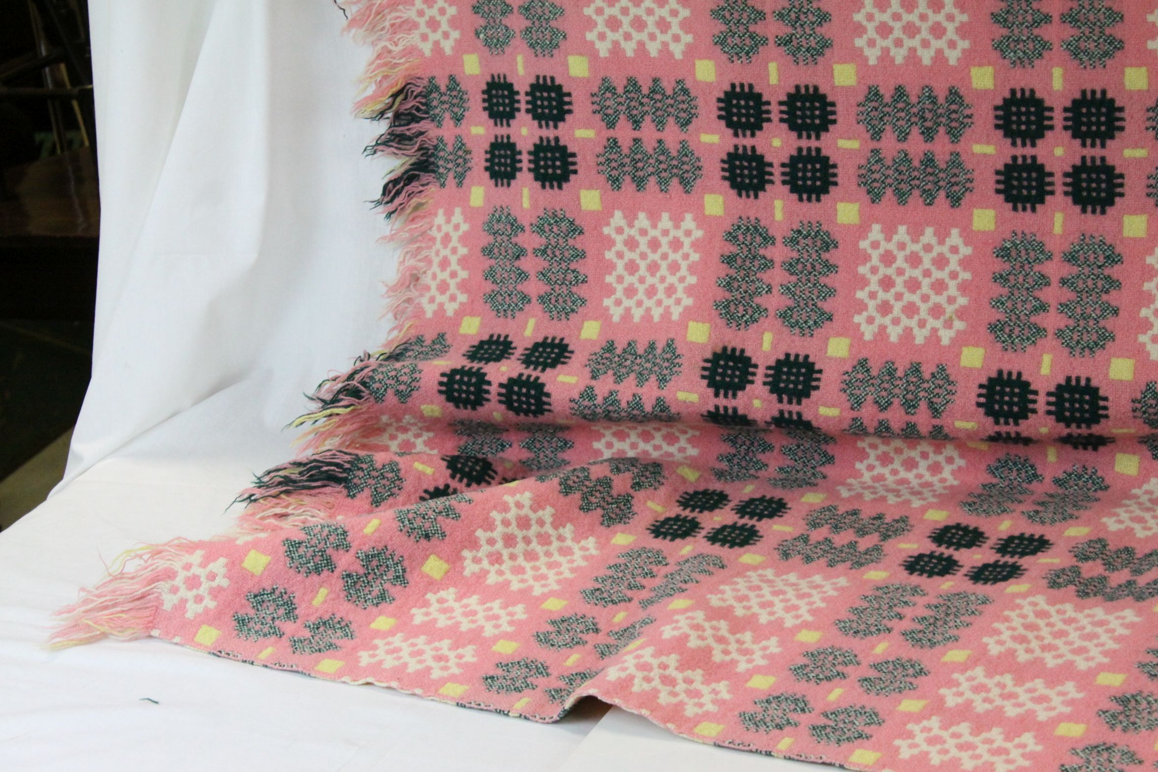 Two Welsh Blankets, Yellow, Pink and Green Geometric Pattern, the largest with label ' A Derw - Image 5 of 5