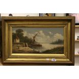 Edwardian Oil on Board, Sailing Boat at Quayside, signed S Langford 1902, 46cms x 24cms, gilt