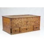 Early 20th century Wooden Box, the hinged lid carved with a Chinese Scene, with three small