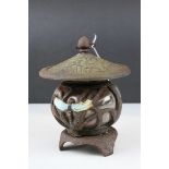 Cast Iron and Glass Squat Garden Lantern, Japanese Style decorated with Dragon Fly, 23cms high