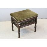 Victorian Mahogany Piano Stool with Blind Fretwork Panels, the upholstered hinged seat opening to