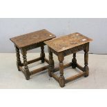 Two similar 17th century Style Oak Carved Joint Stools , largest 46cms wide x 46cms high