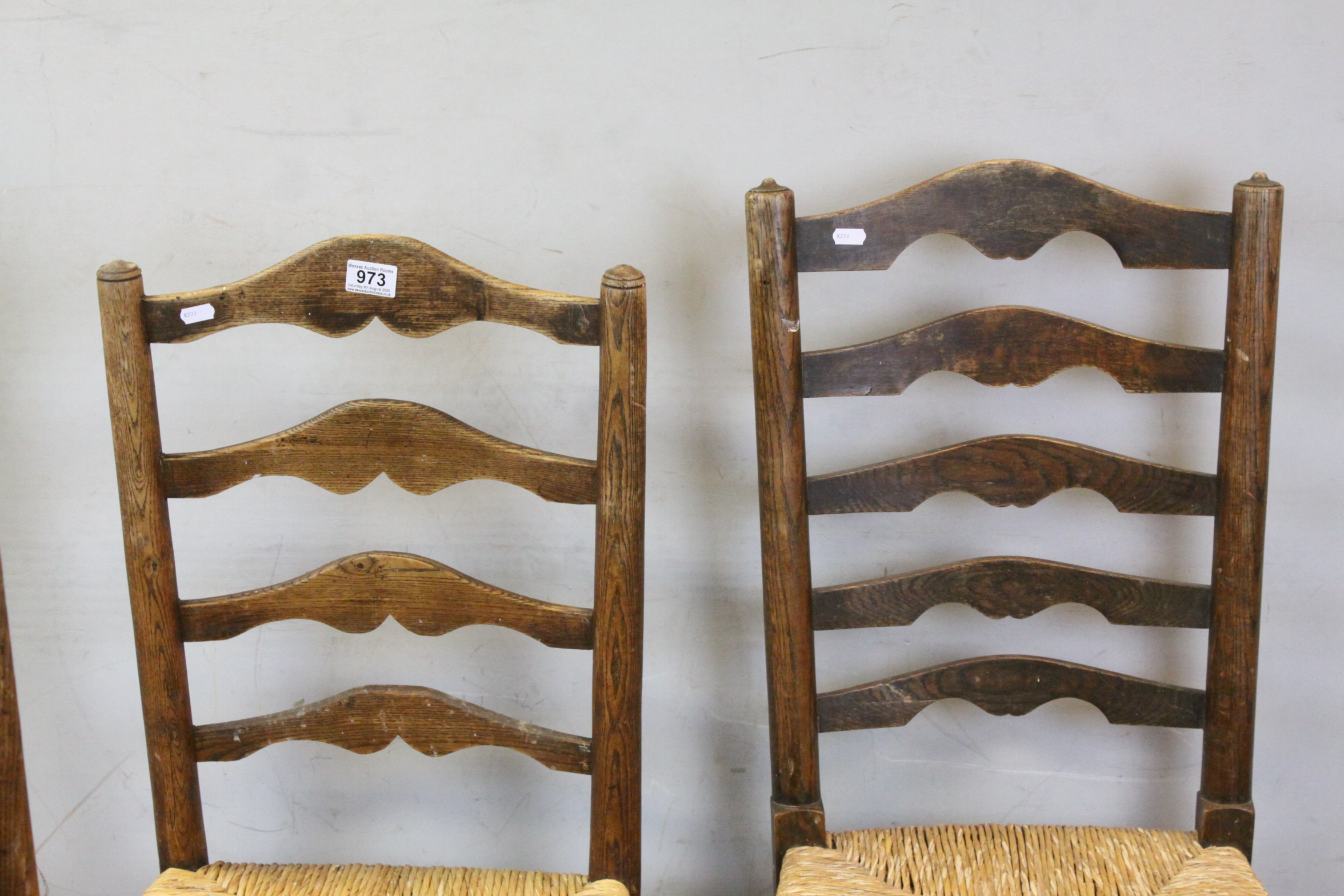 Set of Four Oak Ladder Back Dining Chairs with Rush Seats - Image 3 of 5