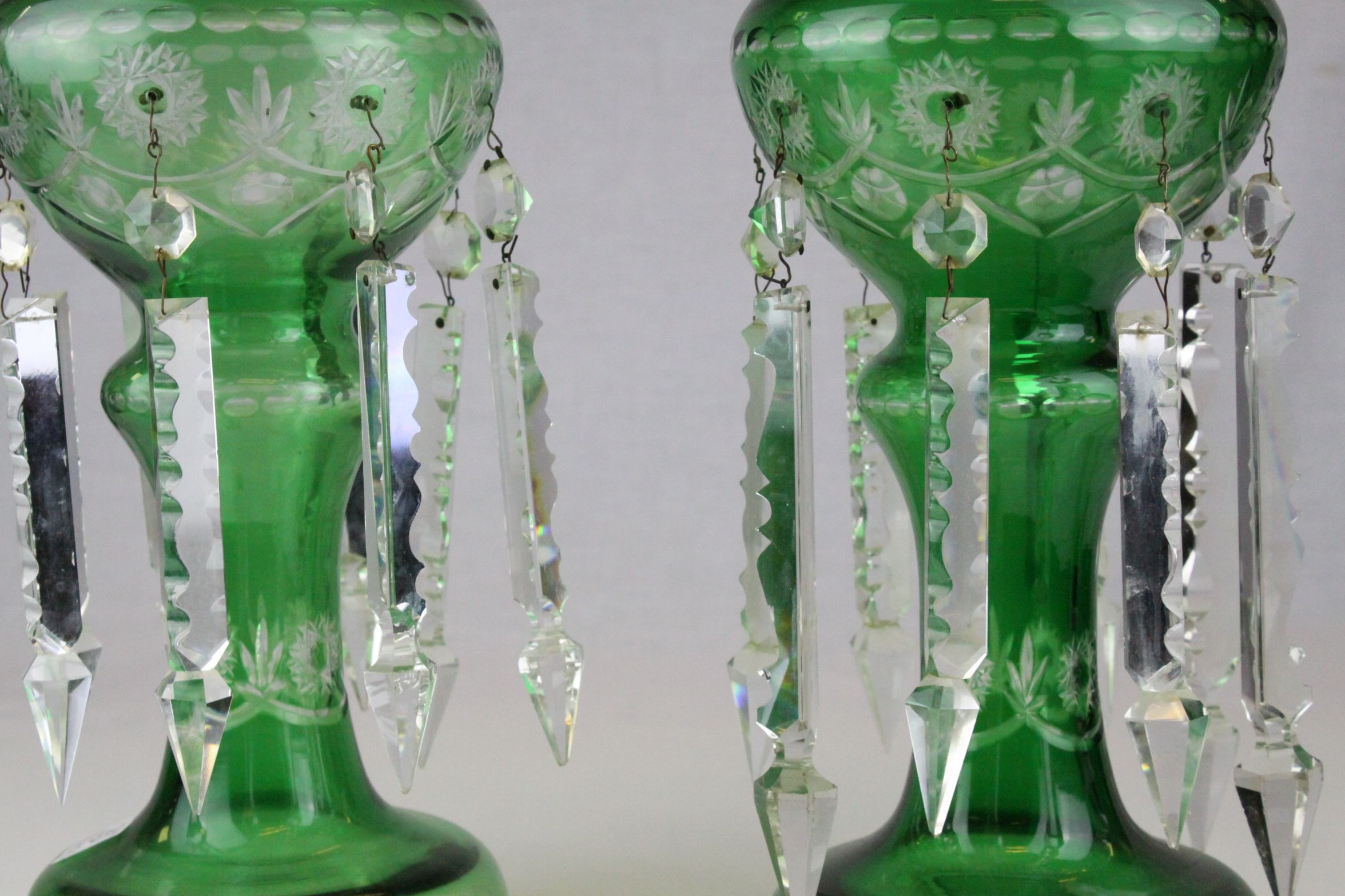 Pair of Victorian Cut Green Glass Table Lustres each with Eight Clear Glass Lustre Drops, 37cms - Image 8 of 10