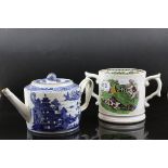 An 18th century Chinese export willow pattern teapot with strapwork handle and a berrie knop