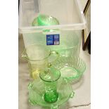 Collection of Green Uranium Glass including Large Jug, Four Fruit Bowls, Two Cake Stands, Vase and