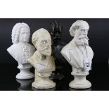 Four Busts including Three Parian Ware Style of Bach, Dickens and one other plus a Bust of Lord