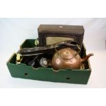 Mixed Lot including Copper Kettle, Two Telephones, Bakelite Cased Speaker and Two Cased Recorders
