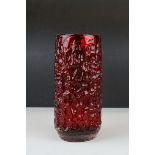 Whitefriars Cylindrical Ruby Red Glass Vase with Textured Bark Pattern finish, tapered base