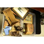 Two Large Tubs of Mixed Collectables including Carved Wooden Figures, Boxes, Cased Cutlery Sets,