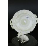 Belleek Model of a Pig together with a Belleek Twin Handled Plate