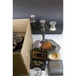A quantity of sundries to include silverplate,wooden chinese stands oriental pewter box etc.