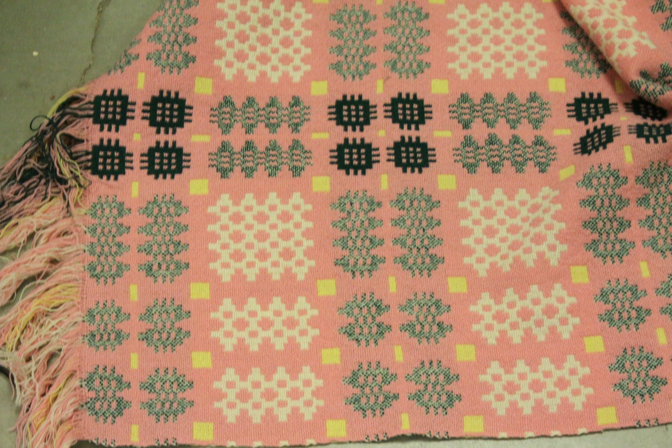 Two Welsh Blankets, Yellow, Pink and Green Geometric Pattern, the largest with label ' A Derw - Image 3 of 5