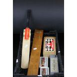 A group of items to include miniature cricket bat ,cribbage board and cards domonoes set and