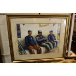 A signed oil painting study of Mediterranean fisherman seated on a bench