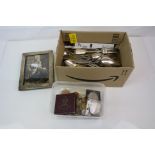 Box of mixed collectables to include a hallmarked silver photograph frame, silver plated items and a