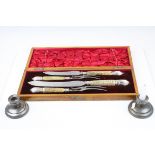 Pair of Silver Hallmarked Desk Candlesticks together with Oak Cased Four Piece Carving Set with