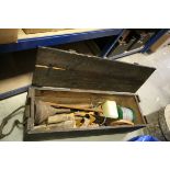 Stained Pine Tool Box with Rope Handles containing a Quantity of Wooden Handled Tools including