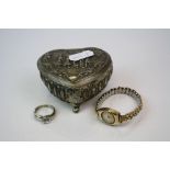 A small heart shaped white metal jewellery box together with a 9ct gold cased ladies watch and a