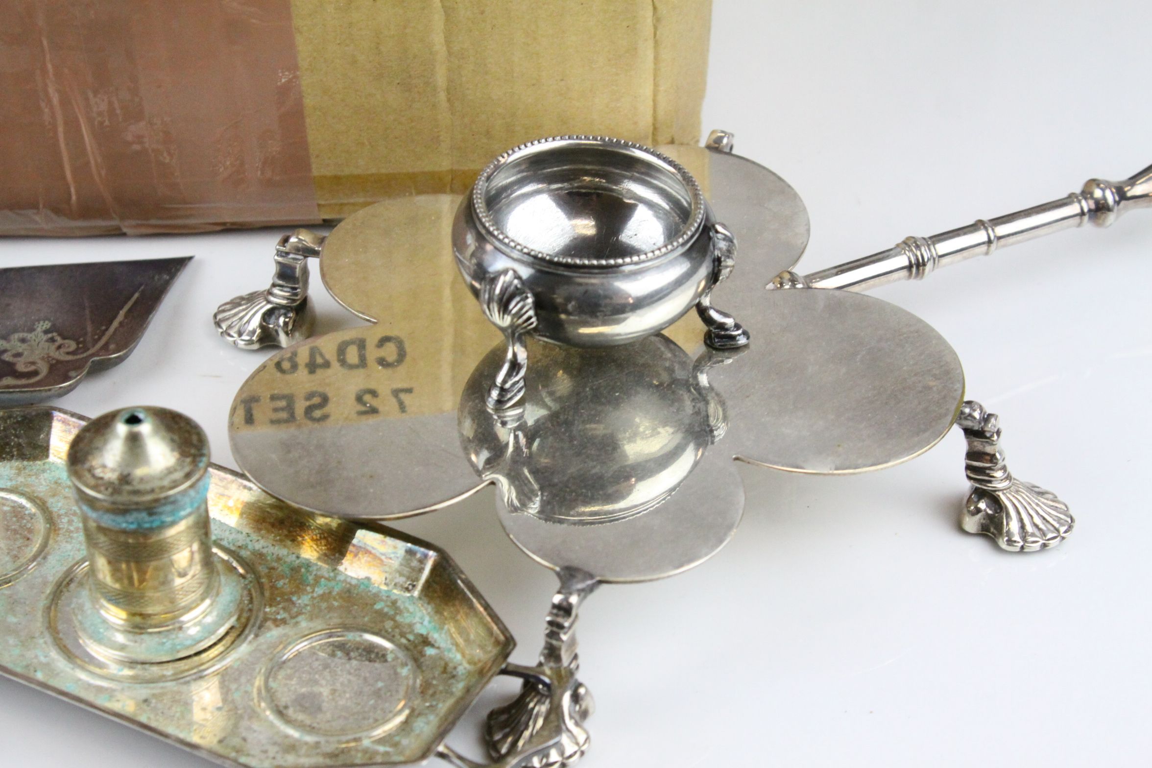 Box of silver plate to include; teapots, cruet set, goblets etc - Image 2 of 5